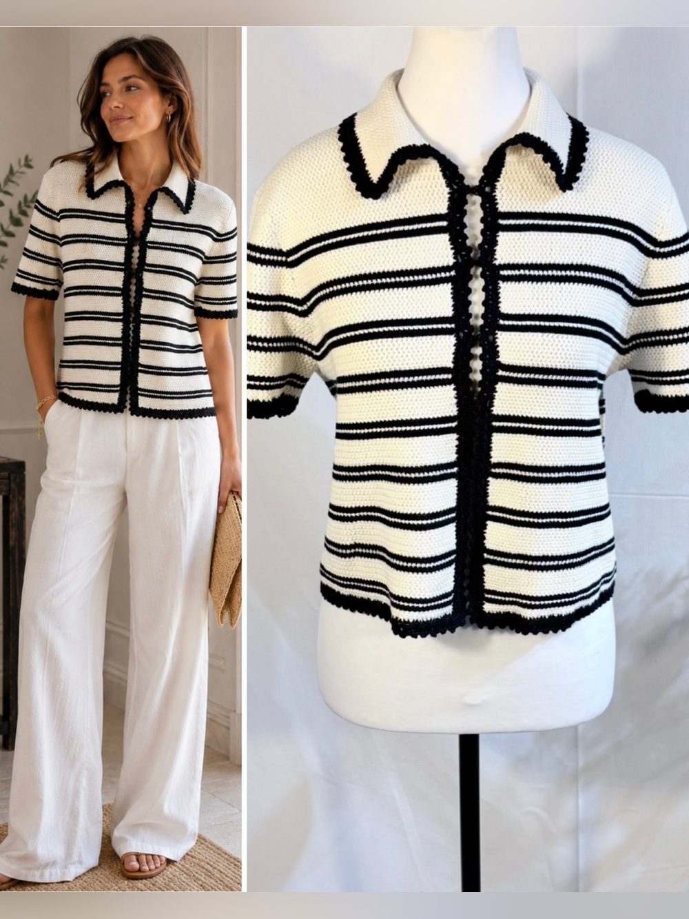 💥NWT J.Crew Photo Sample Striped Crochet Knit Sweater Shirt Cotton Sz M🧡
